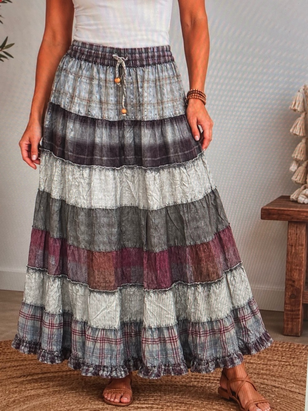 Young Threads Boho Tiered Patchwork Maxi Skirt in Gray and Mauve